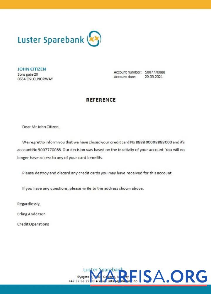 Printable Norway Luster Sparebank closure reference sample